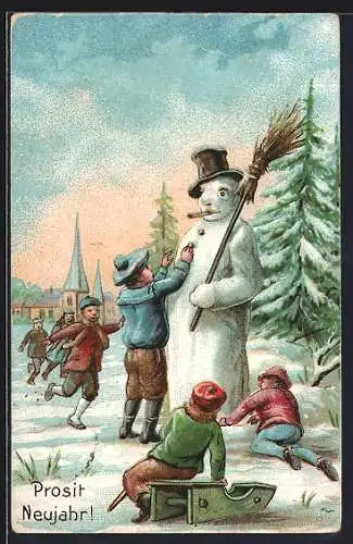 AK Prosit Neujahr, Kinder bauen einen Schneemann