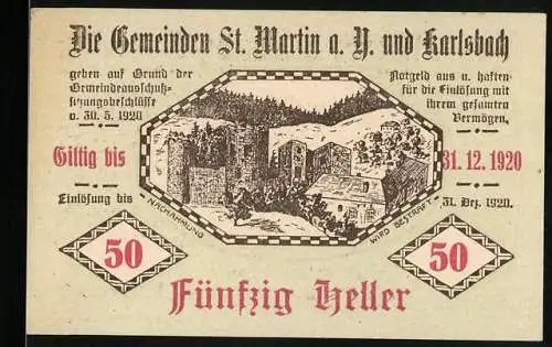 Notgeld St. Martin und Karlsbach 1920, 50 Heller, Landschaftsansicht mit Gebäuden und Wäldern