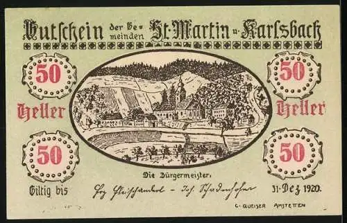 Notgeld St. Martin und Karlsbach 1920, 50 Heller, Landschaftsansicht mit Gebäuden und Wäldern