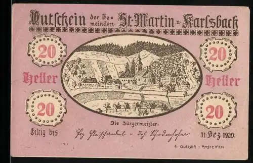 Notgeld St. Martin und Karlsbach 1920, 20 Heller, Dorflandschaft mit Gebäuden und Wald