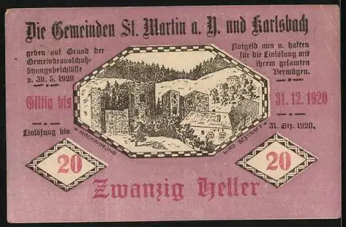 Notgeld St. Martin und Karlsbach 1920, 20 Heller, Dorflandschaft mit Gebäuden und Wald