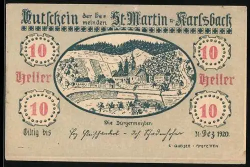 Notgeld St. Martin und Karlsbach 1920, 10 Heller, Landschaft mit Dorfansicht und Gebäuden, Gültig bis 31.12.1920