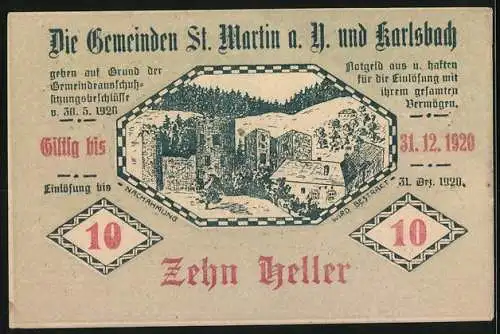 Notgeld St. Martin und Karlsbach 1920, 10 Heller, Landschaft mit Dorfansicht und Gebäuden, Gültig bis 31.12.1920