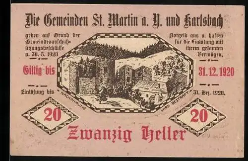 Notgeld St. Martin und Karlsbach 1920, 20 Heller, Landschaft mit Gebäuden und Wald, gültig bis 31.12.1920