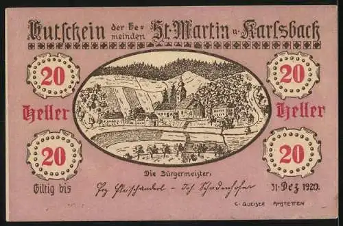 Notgeld St. Martin und Karlsbach 1920, 20 Heller, Landschaft mit Gebäuden und Wald, gültig bis 31.12.1920