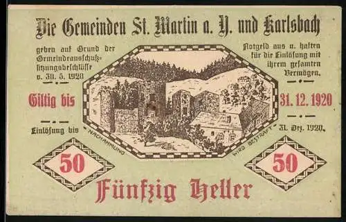 Notgeld St. Martin und Karlsbach 1920, 50 Heller, Stadtansicht und Landschaftsmotiv