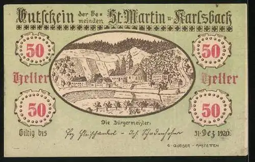 Notgeld St. Martin und Karlsbach 1920, 50 Heller, Stadtansicht und Landschaftsmotiv