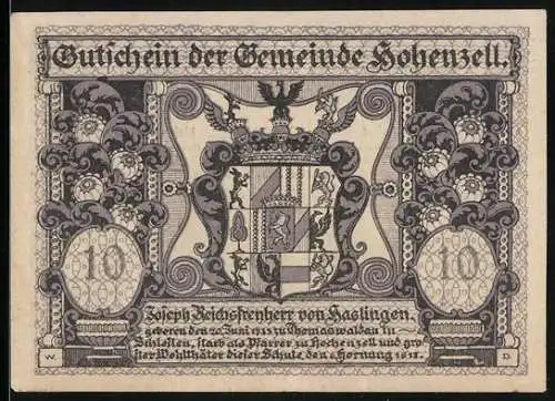 Notgeld Hohenzell 1920, 10 Heller, Wappen und Landschaftsmotiv mit Haus und Bäumen