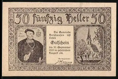 Notgeld Holzhausen 1920, 50 Heller, Porträt eines Mannes, Kirche und Gebäudeansichten, Gutscheintext