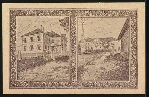 Notgeld Holzhausen 1920, 50 Heller, Porträt eines Mannes, Kirche und Gebäudeansichten, Gutscheintext