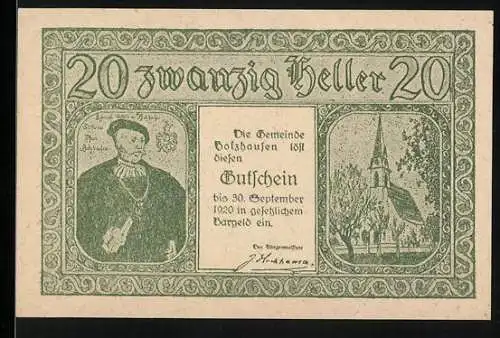 Notgeld Holzhausen 1920, 20 Heller, Porträt, Kirche, Gebäudeansichten