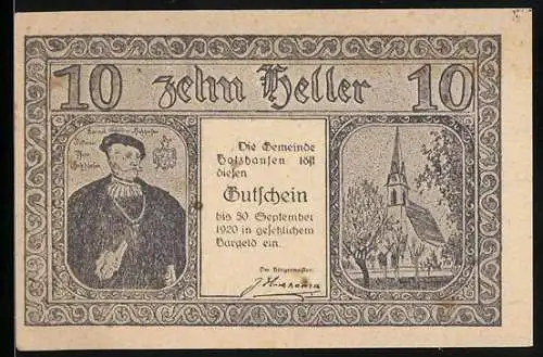 Notgeld Holzhausen 1920, 10 Heller, Portrait eines Mannes und Kirche, Gebäudeabbildungen rückseitig