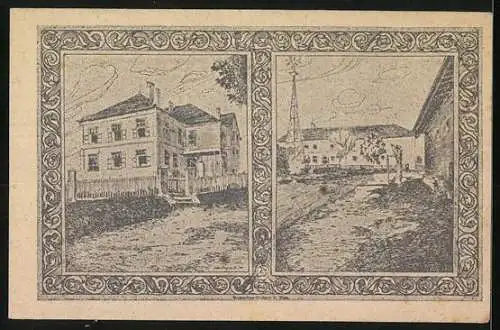 Notgeld Holzhausen 1920, 10 Heller, Portrait eines Mannes und Kirche, Gebäudeabbildungen rückseitig