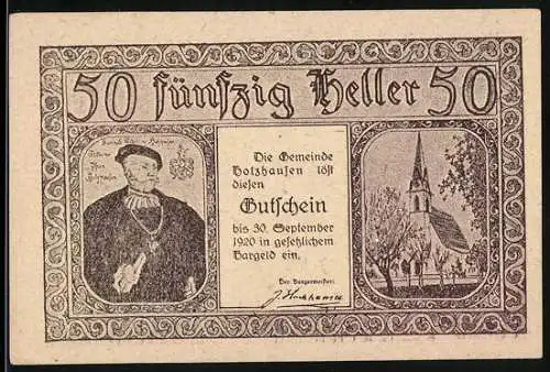 Notgeld Holzhausen 1920, 50 Heller, Porträt und Kirche, Gebäudeansichten