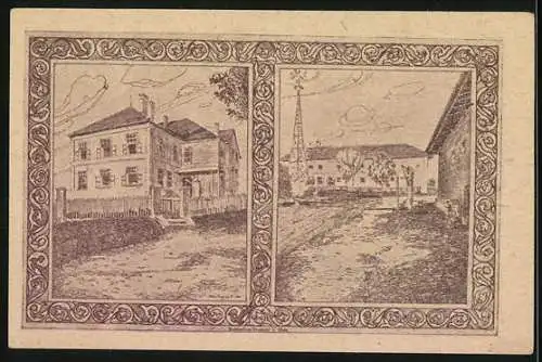 Notgeld Holzhausen 1920, 50 Heller, Porträt und Kirche, Gebäudeansichten
