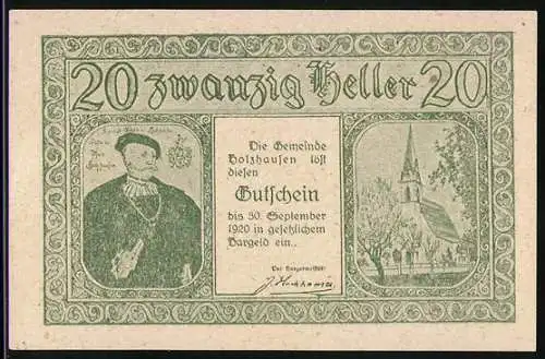 Notgeld Holzhausen 1920, 20 Heller, Porträt und Kirche, Gebäudeansichten, Serie A, grüner Druck