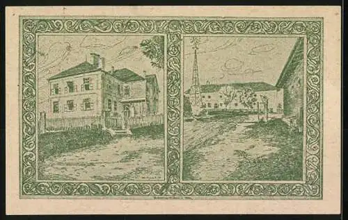 Notgeld Holzhausen 1920, 20 Heller, Porträt und Kirche, Gebäudeansichten, Serie A, grüner Druck