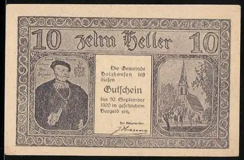 Notgeld Holzhausen 1920, 10 Heller, Portrait und Kirche, ländliche Gebäude und Strasse