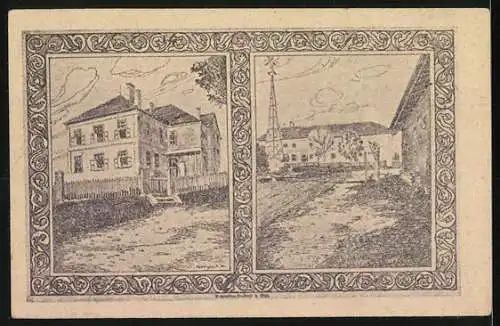 Notgeld Holzhausen 1920, 10 Heller, Portrait und Kirche, ländliche Gebäude und Strasse