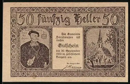 Notgeld Holzhausen 1920, 50 Heller, Porträt eines Mannes und Kirche mit Gebäudeszenen