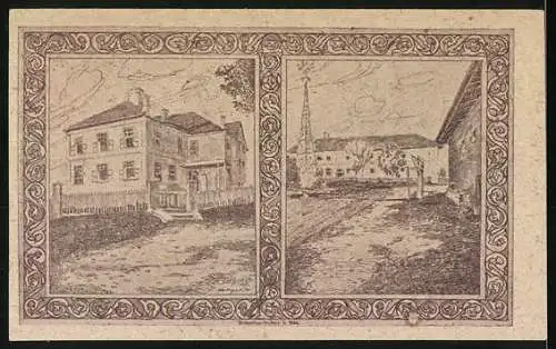 Notgeld Holzhausen 1920, 50 Heller, Porträt eines Mannes und Kirche mit Gebäudeszenen