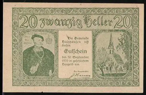 Notgeld Holzhausen 1920, 20 Heller, Porträt und Kirche, Gebäudeansichten auf der Rückseite