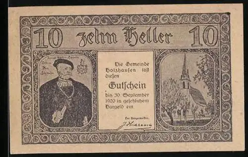 Notgeld Holzhausen 1920, 10 Heller, Porträt eines Mannes und Kirche, Gebäudeansichten