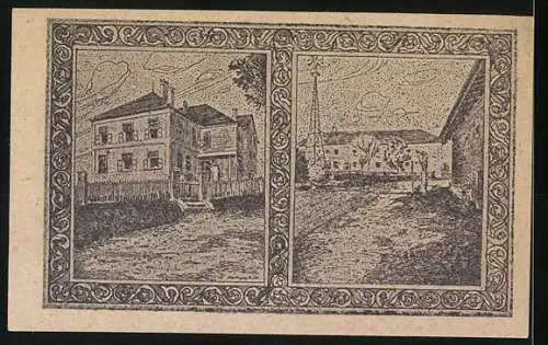 Notgeld Holzhausen 1920, 10 Heller, Porträt eines Mannes und Kirche, Gebäudeansichten