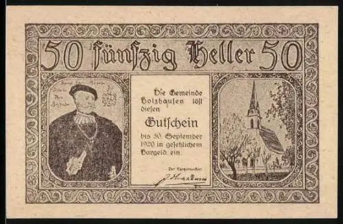 Notgeld Holzhausen 1920, 50 Heller, Porträt, Kirche, Gebäudeansichten