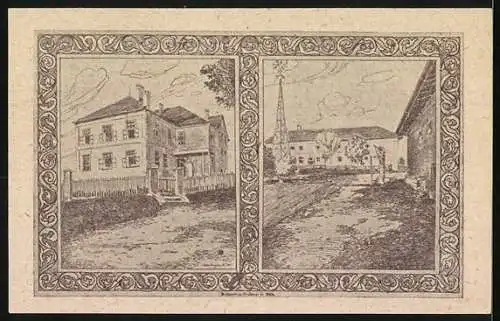 Notgeld Holzhausen 1920, 50 Heller, Porträt, Kirche, Gebäudeansichten