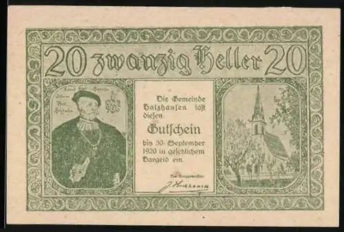 Notgeld Holzhausen 1920, 20 Heller, historische Figur und Kirche, Gebäudeansichten