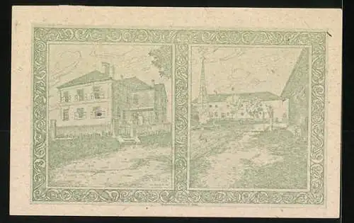 Notgeld Holzhausen 1920, 20 Heller, historische Figur und Kirche, Gebäudeansichten