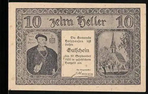 Notgeld Holzhausen 1920, 10 Heller, Portrait eines Mannes und Kirche, Gebäudeansichten auf der Rückseite