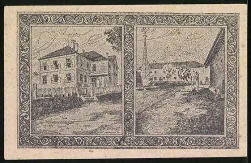 Notgeld Holzhausen 1920, 10 Heller, Portrait eines Mannes und Kirche, Gebäudeansichten auf der Rückseite