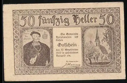 Notgeld Holzhausen 1920, 50 Heller, Porträt und Kirche, Landschaftsszenen mit Gebäuden