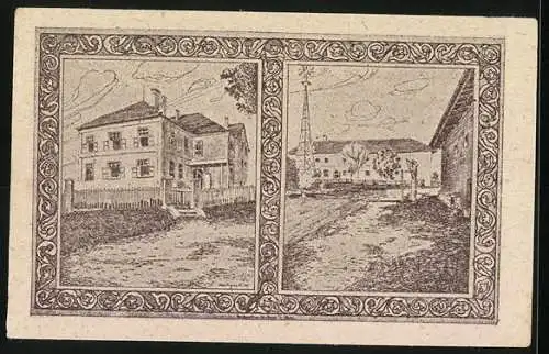 Notgeld Holzhausen 1920, 50 Heller, Porträt und Kirche, Landschaftsszenen mit Gebäuden