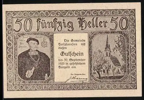 Notgeld Holzhausen 1920, 50 Heller, Porträt und Kirche, Gebäude und Windmühle