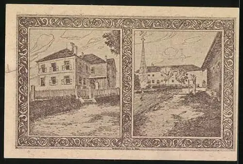 Notgeld Holzhausen 1920, 50 Heller, Porträt und Kirche, Gebäude und Windmühle