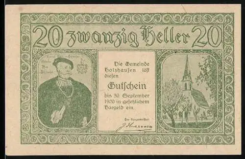 Notgeld Holzhausen 1920, 20 Heller, Porträt, Kirche, Gebäude und Landschaft