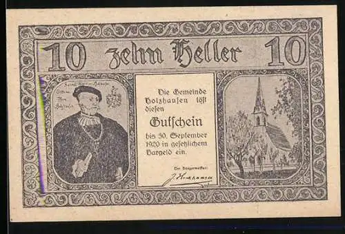 Notgeld Holzhausen 1920, 10 Heller, Porträt, Kirche und Gebäudeansichten