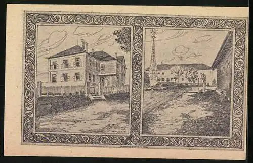 Notgeld Holzhausen 1920, 10 Heller, Porträt, Kirche und Gebäudeansichten