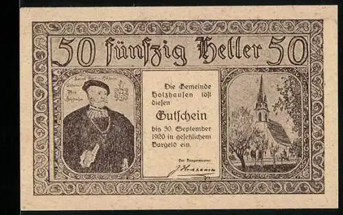 Notgeld Holzhausen 1920, 50 Heller, Porträt, Kirche und Gebäudeansichten