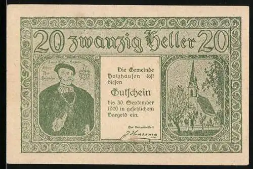 Notgeld Holzhausen 1920, 20 Heller, Portrait und Kirche, Gebäudeansicht mit Landschaft