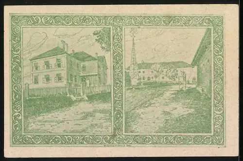 Notgeld Holzhausen 1920, 20 Heller, Portrait und Kirche, Gebäudeansicht mit Landschaft