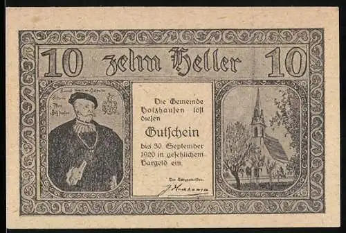 Notgeld Holzhausen 1920, 10 Heller, Porträt, Kirche und Gebäudeansichten