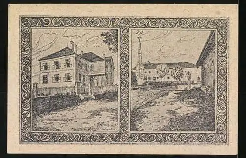 Notgeld Holzhausen 1920, 10 Heller, Porträt, Kirche und Gebäudeansichten