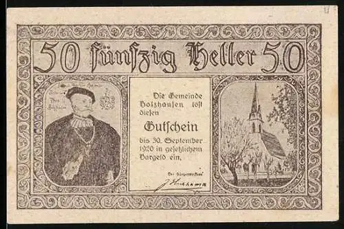 Notgeld Holzhausen 1920, 50 Heller, Porträt, Kirche, Gebäudeansichten, Gutschein bis 30. September 1920