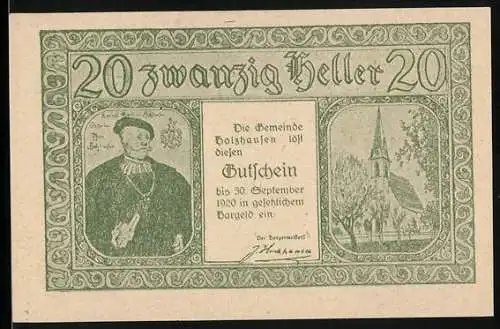 Notgeld Holzhausen 1920, 20 Heller, Porträt, Kirche, Gebäudeansichten, Gutscheintext