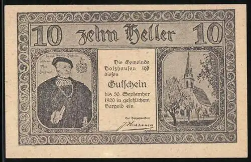 Notgeld Holzhausen 1920, 10 Heller, Porträt, Kirche und Gebäudeansichten