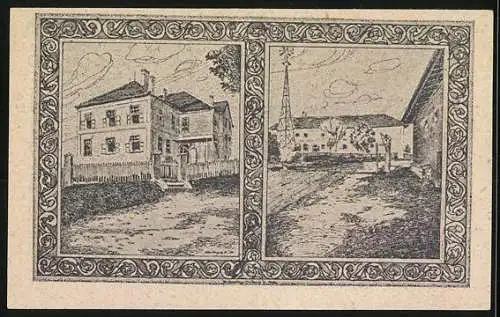 Notgeld Holzhausen 1920, 10 Heller, Porträt, Kirche und Gebäudeansichten